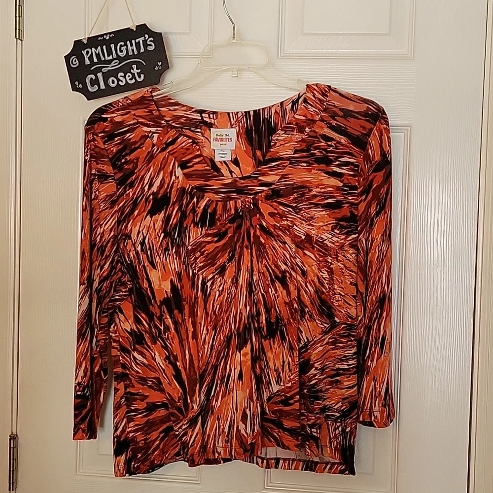 Ruby Rd. Favorites Petite Large Blouse Orange Red Black White Splatter